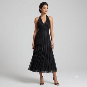 Caché Black Halter Dress Size 4 Pleated V-Neck Banded Waist Mesh Overlay Cocktal